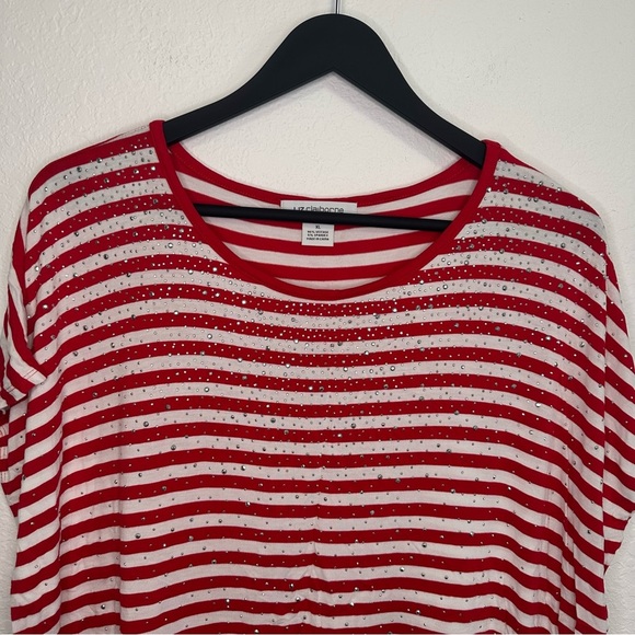 Liz Claiborne Red & White Striped Rhinestone Tee – Size XL - Picture 2 of 6
